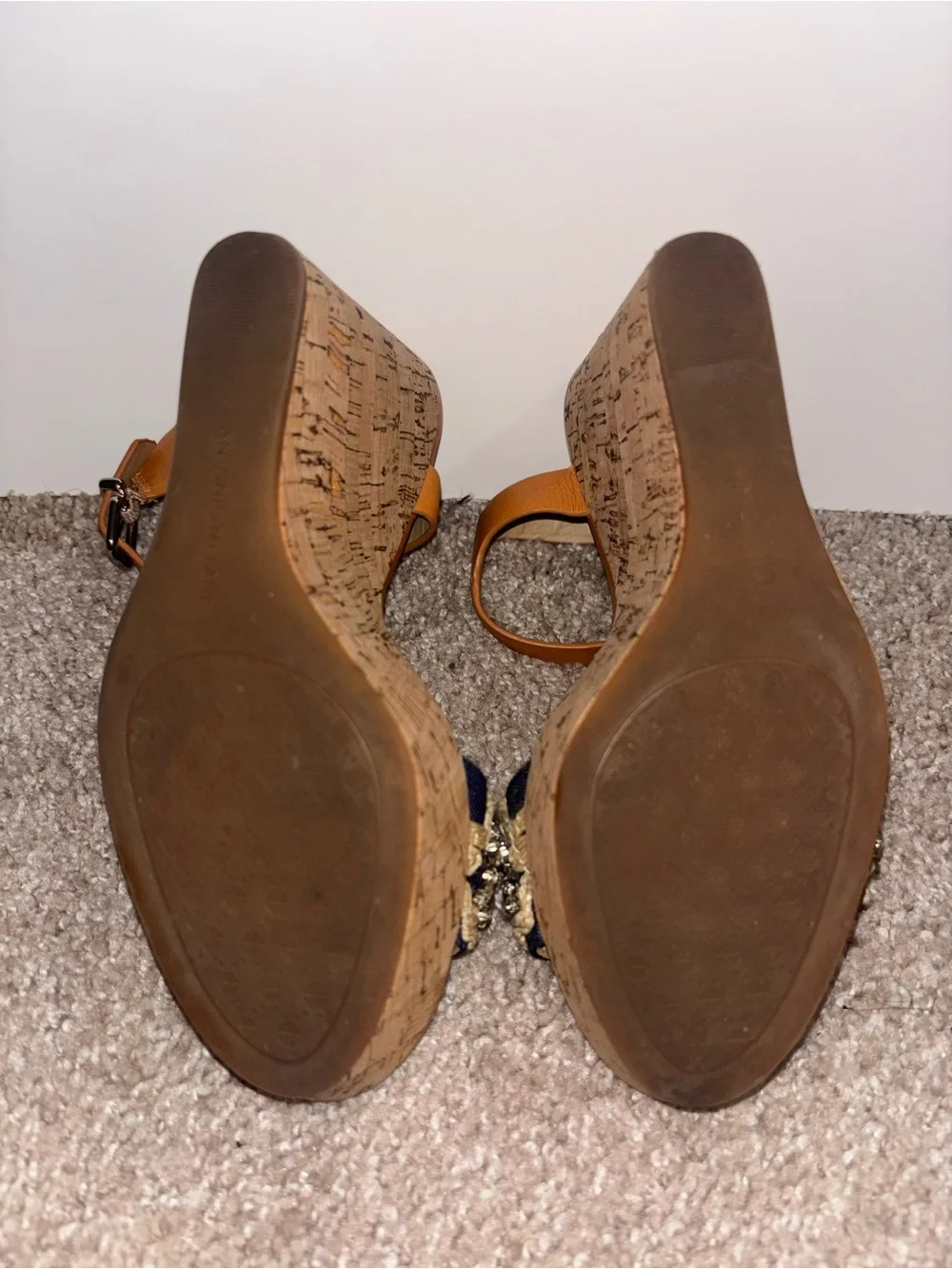 ANTONIO MELANI Tan Wedge Sandals with Navy Jeweled Front Strap